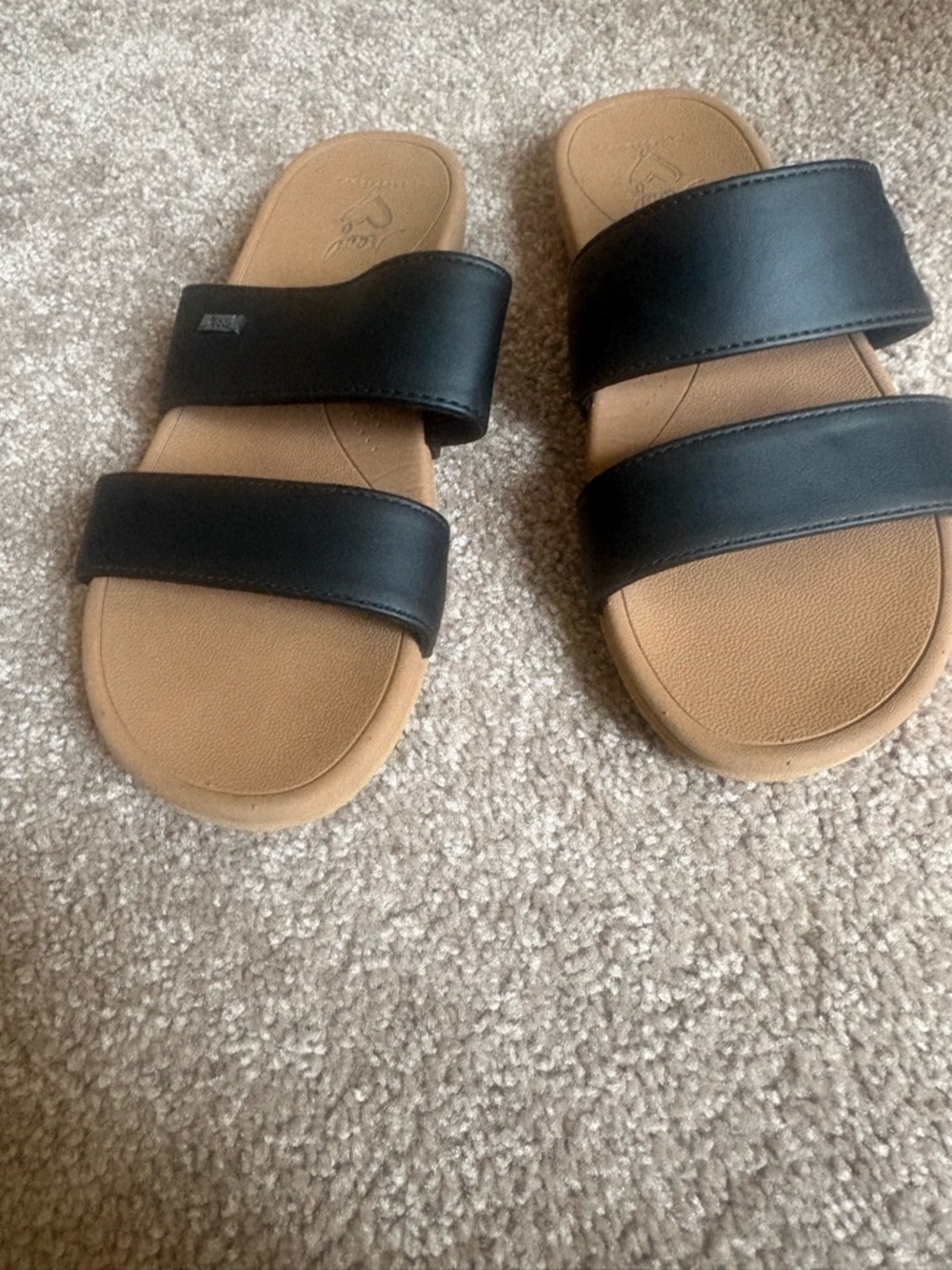 REEF Cushion Black Double-Strap Slide Sandals with Tan Footbed